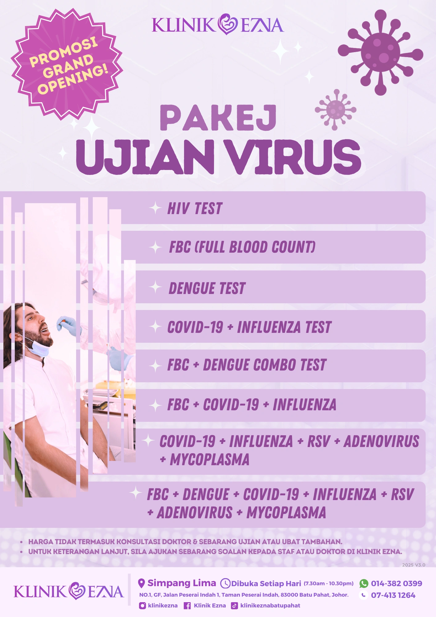Poster pakej ujian virus Klinik Ezna Batu Pahat