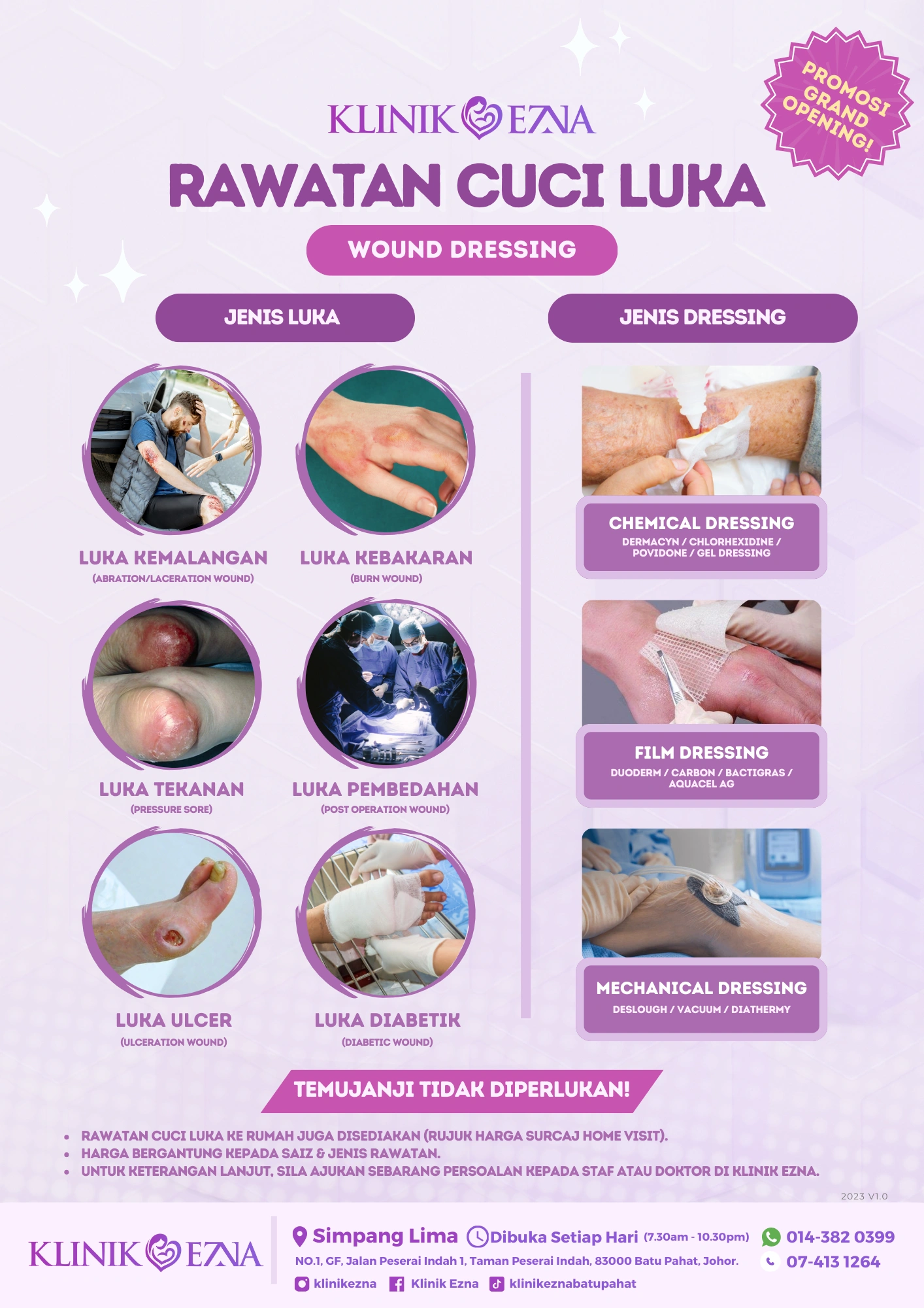 Poster rawatan cuci luka Klinik Ezna Batu Pahat